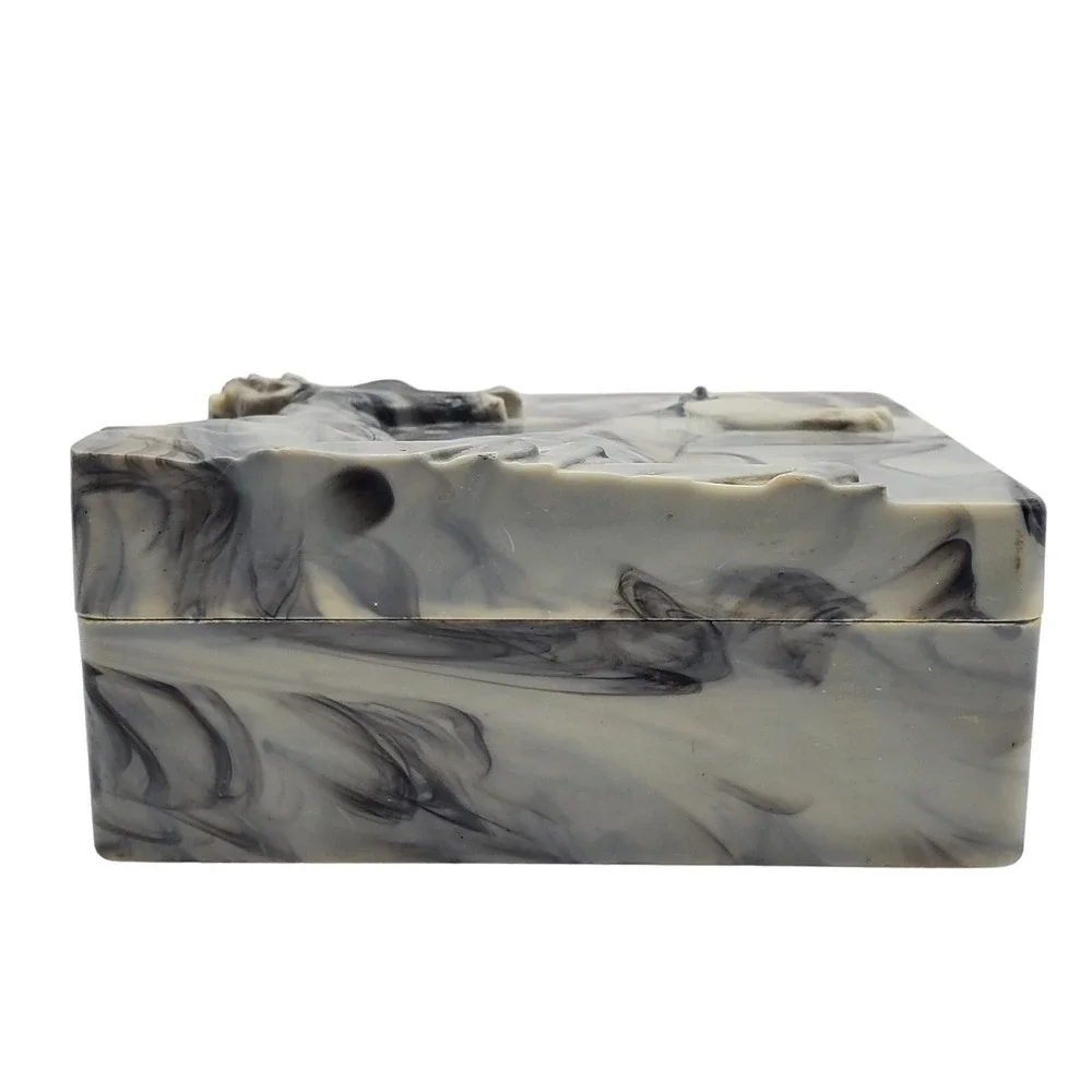 Hickok Trinket Box Gray Marbleized Acrylic Stag Deer Relief Vintage MCM Decor